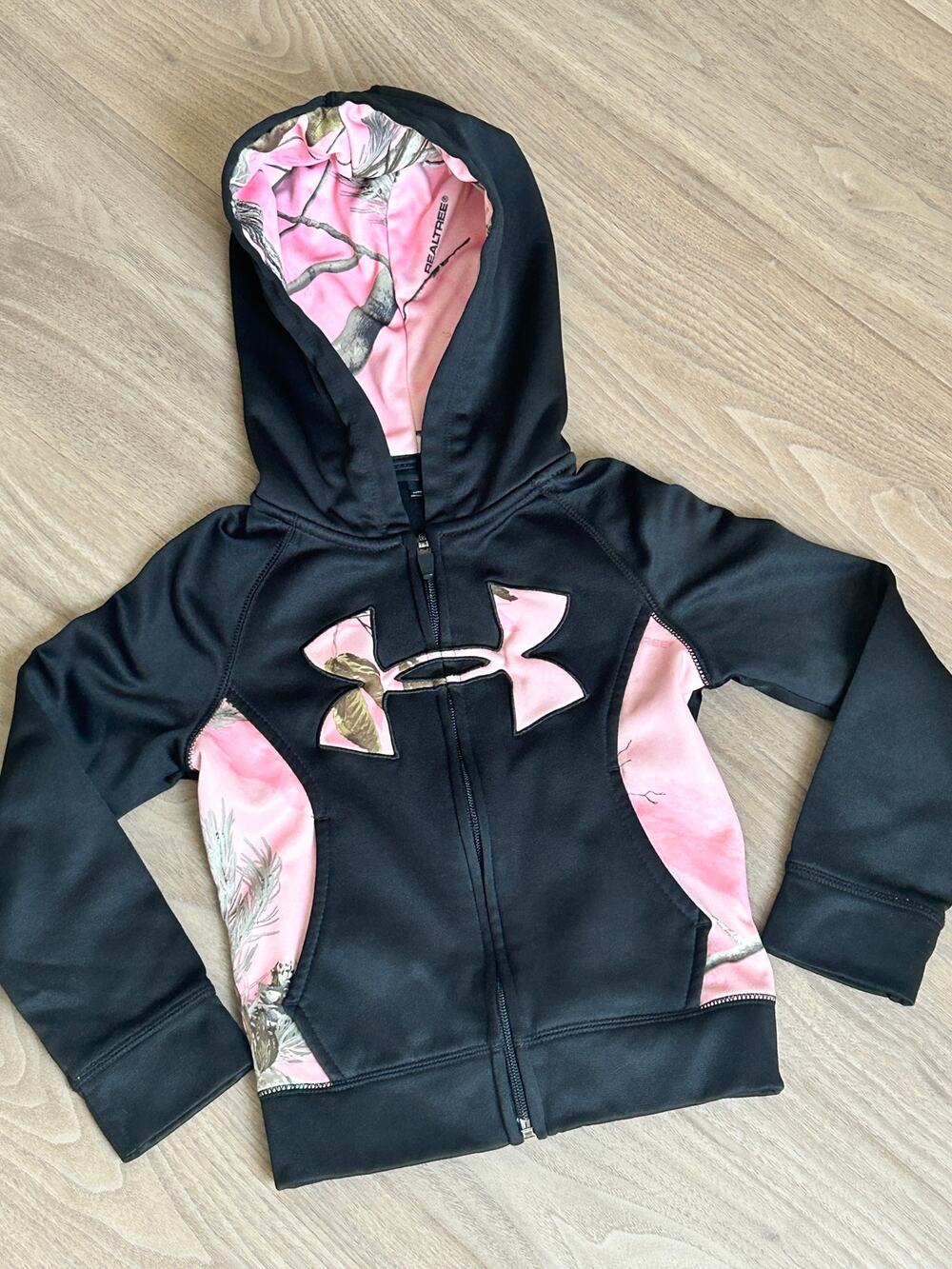 Kids Size 4 Under Armour Full Zip Hoodie with Pink Camo Design